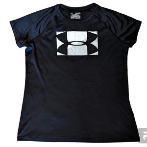 Under Armour Tee T Shirt Black White Logo HeatGear Loose Fit Girls Size XL YXL